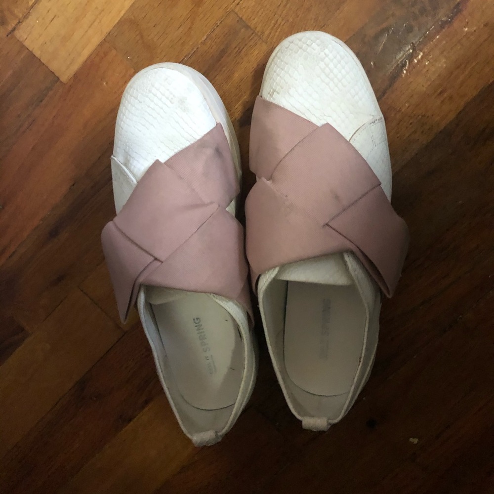 White textured platform slip on sneakers